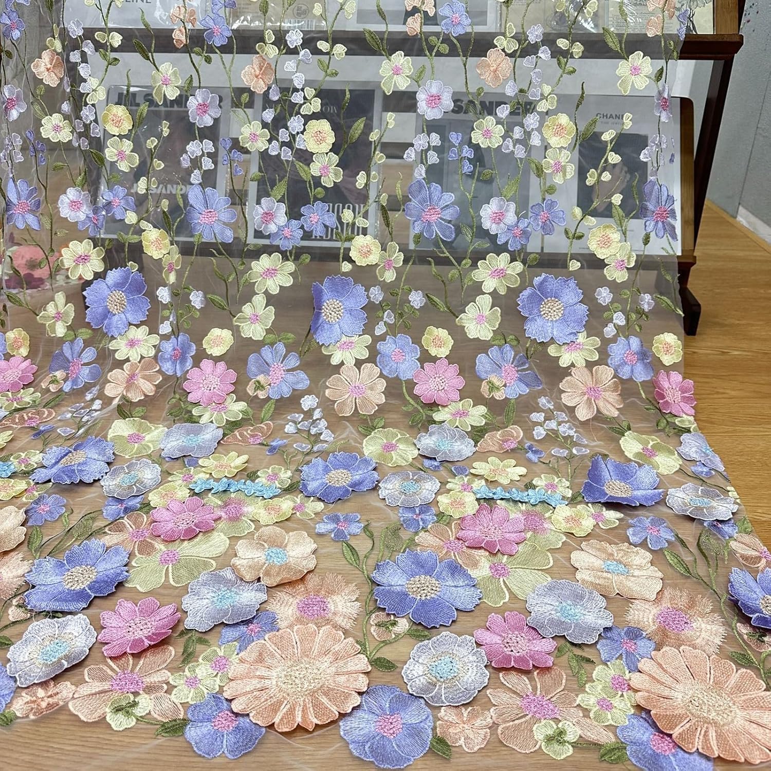 3D Flowers Embroidery Lace Fabric, 59 Inch Wide Soft Tulle Mesh Embroidered Lace Trim for Wedding Dresses Curtain Table Cloth DIY Craft Embellishments (1 Yard,White)