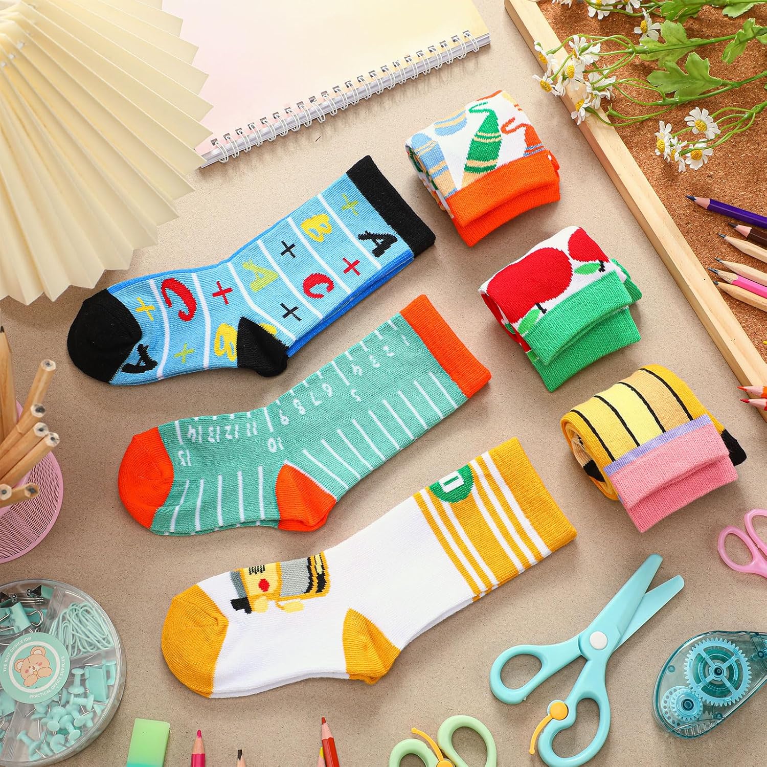 Zoooyawn 6 Pairs Novelty Socks for Kids Gift Back to School Socks Funny Crazy Silly Sock for Girls Holiday Xmas Party Favors with Pencils Bus Crayons Ruler Pattern - Image 6