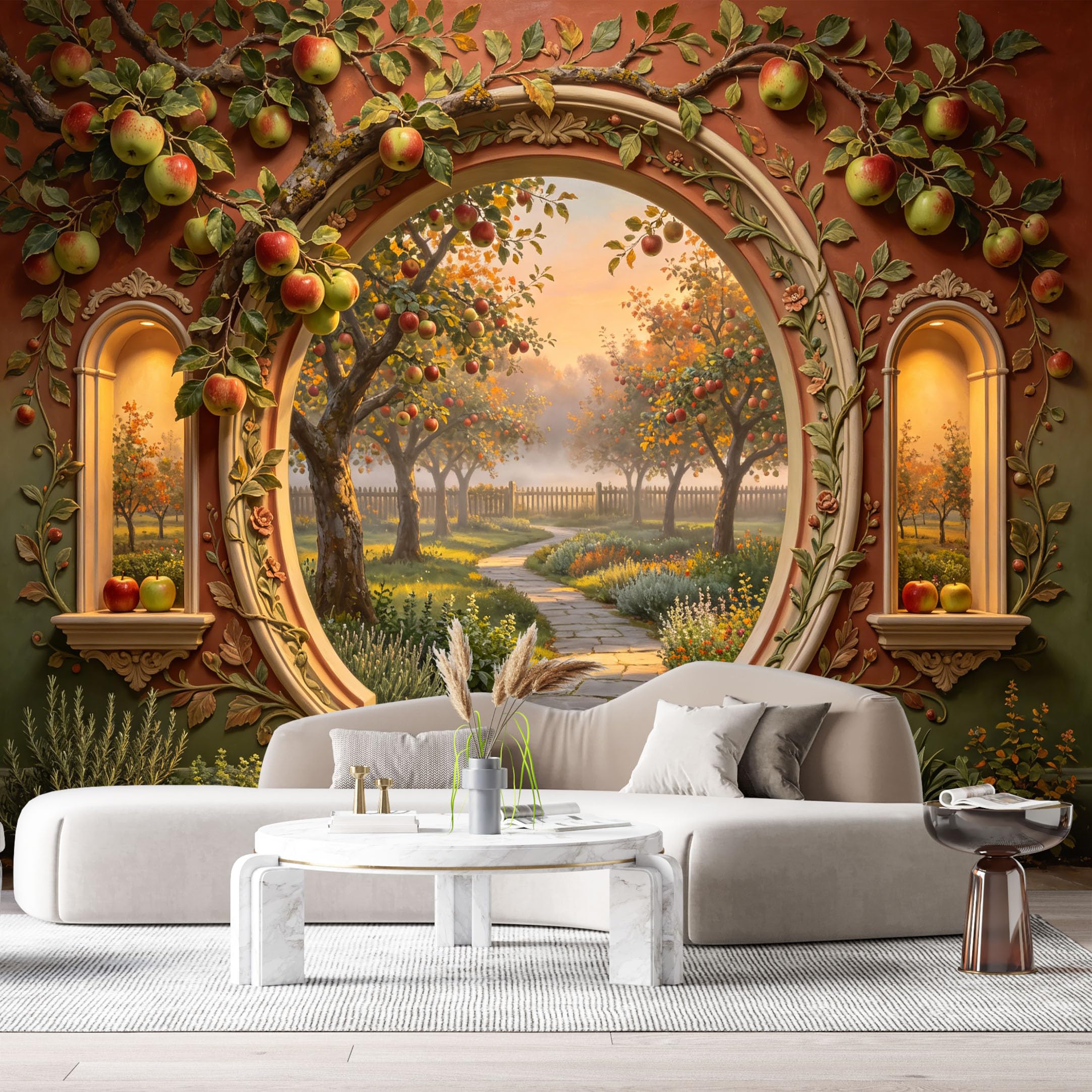Custom Size Wall Mural Apple Orchard Garden Sunset View 3D Trompe L'Oeil SelfAdhesiveWall Fabric Removable Wallpaper Wall Decor for Living Room Bedroom Bathroom