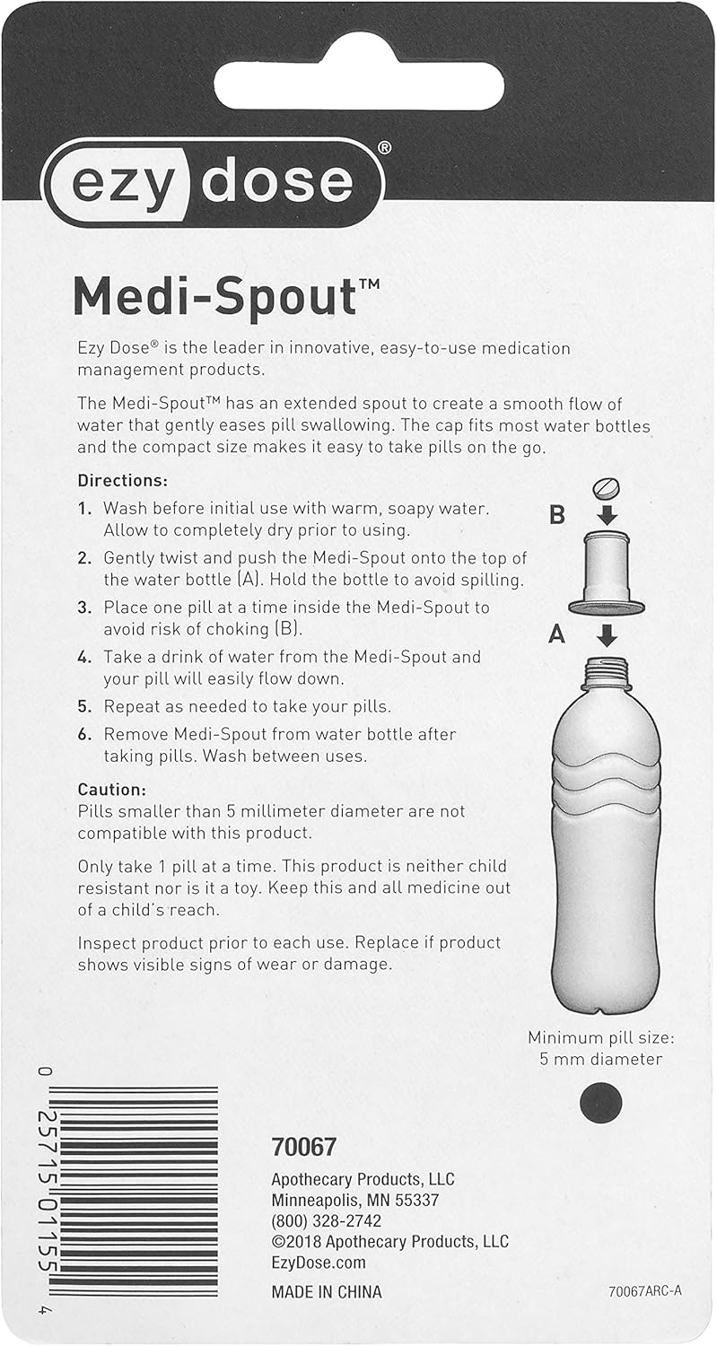 Ezy Dose Medi-Spout for Pills, Medicine, Vitamins | Pill Assist Cap for Easy Swallowing | Fits Most Plastic Water Bottles : Everything Else