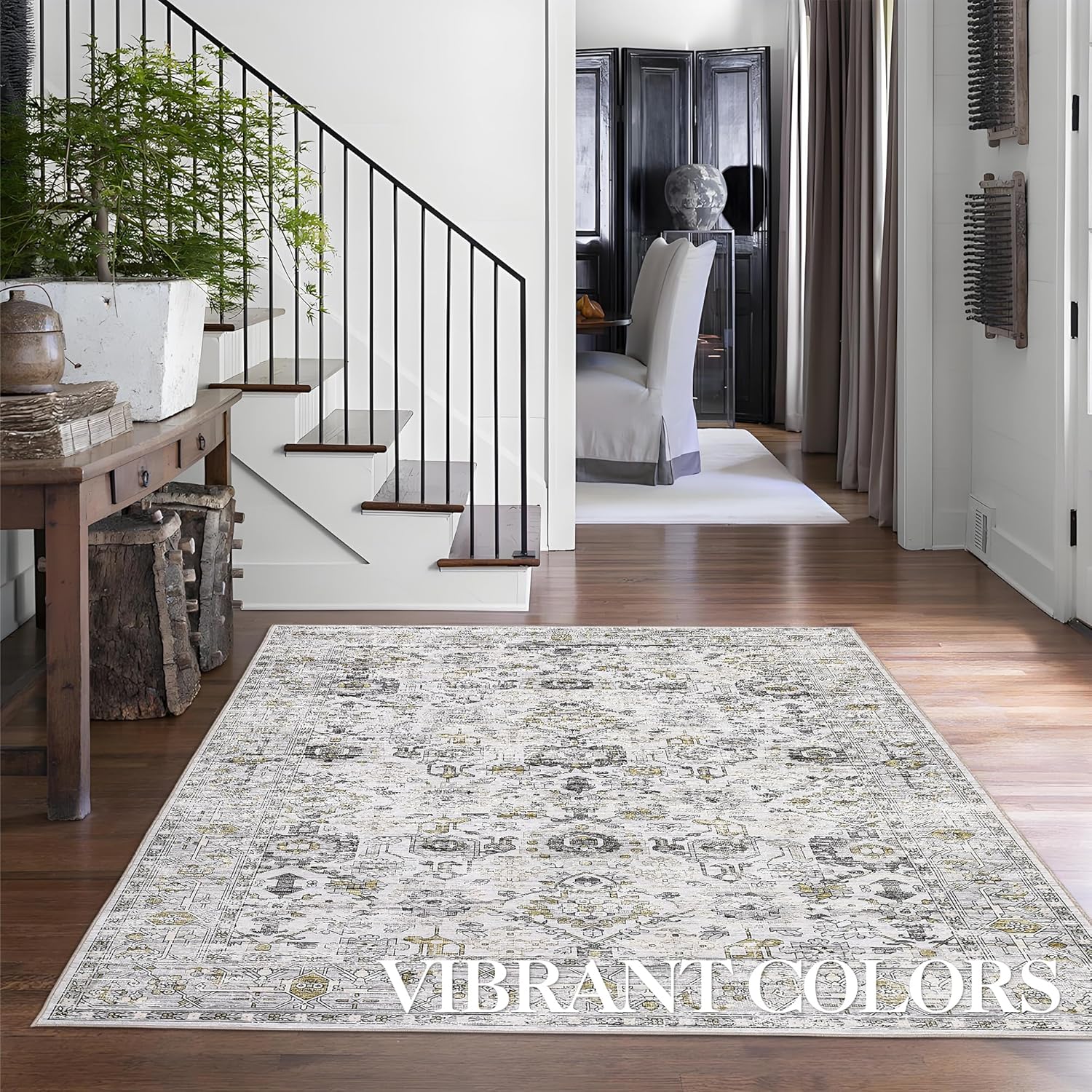 dainslef 9x12 large washable rug vintage floral living room rug non slip ultra-thin indoor carpet boho distressed floor cover oriental foldable throw rugs for bedroom dining room home office grey grey 9' x 12' (rectangular)