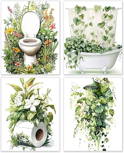 BESERH Decoración botánica de pared de baño, impresiones artísticas vintage para baño, plantas verdes Cottagecore, póster de ducha para baño, baño,