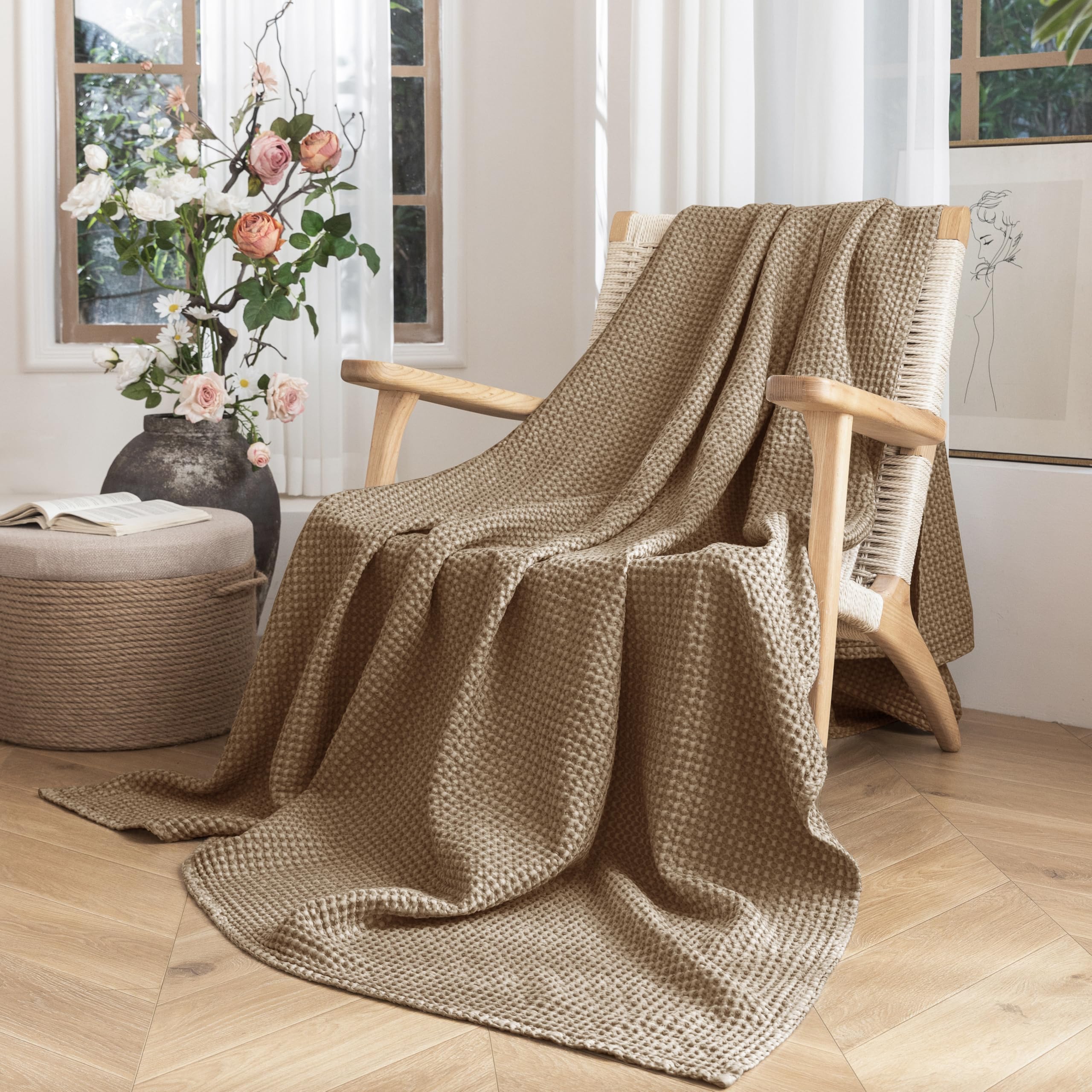 Talasily 100% Cotton Waffle Blanket Throw Blanket for Sofa - Double Size Blankets for Bed, Soft Lightweight Breathable Bed Blanket, Home Decor Gift Blanket 150 x 200cm, Hazelnut Brown