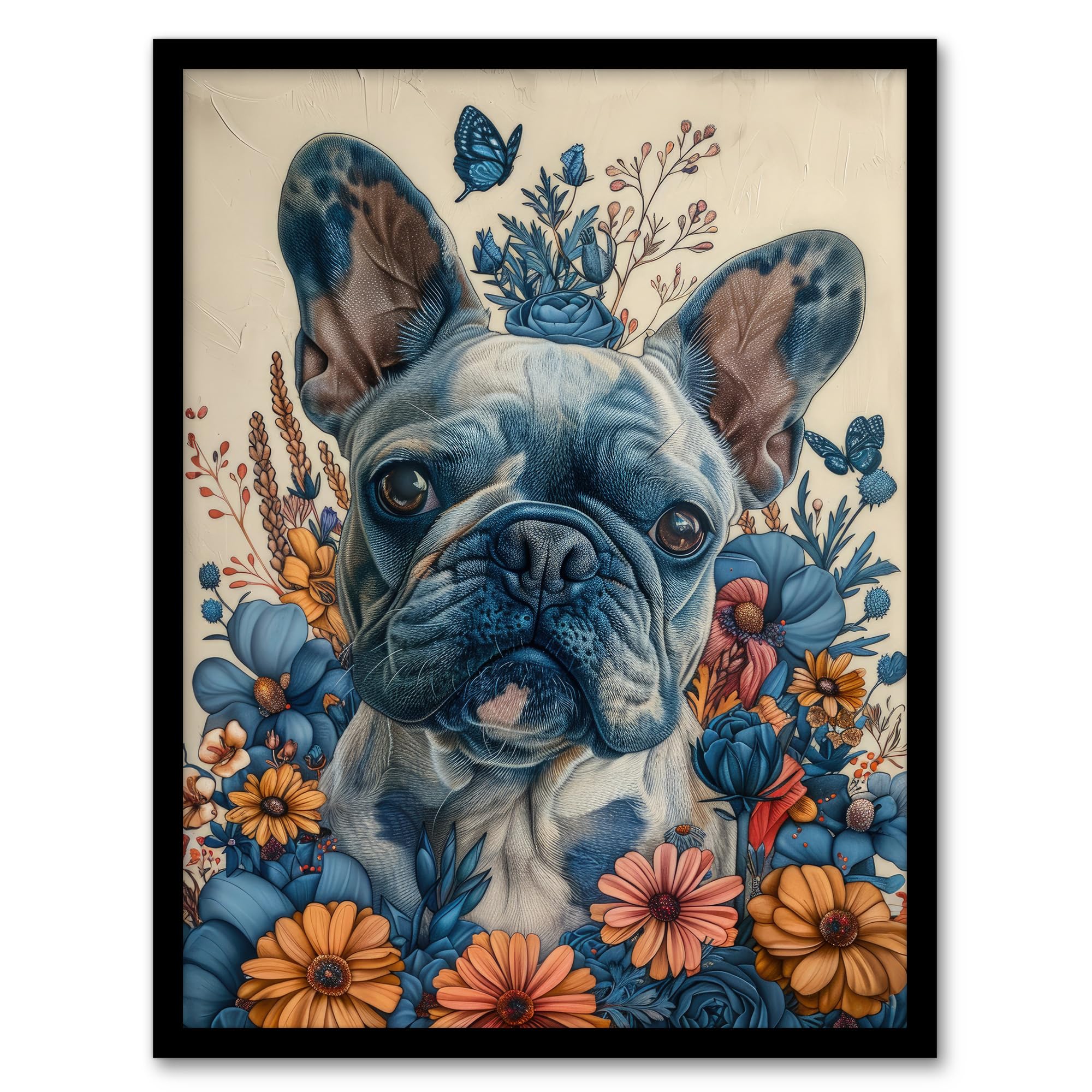 Artery8 French Bulldog Puppy Dog Lover Floral Portrait For Living Room Artwork Framed Wall Art Print 18X24 Inch