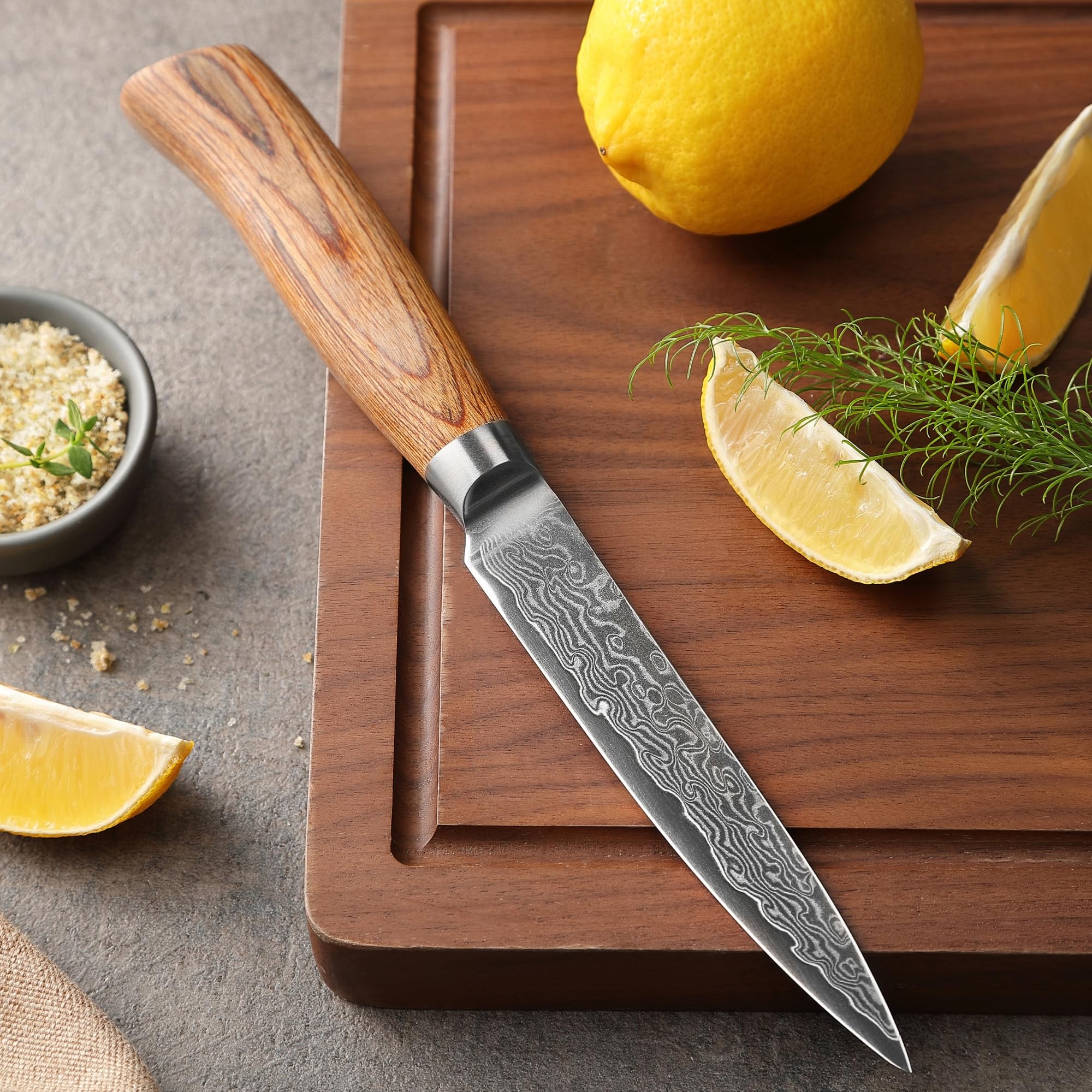 WAKOLI EDIB PRO Couteau Universel en Damas, 12 cm, Manche en Bois de Pakka | couteau de cuisine professionnel, lame en acier Damas à 67 couches avec noyau VG10, pour fruits, légumes, viande et poisson