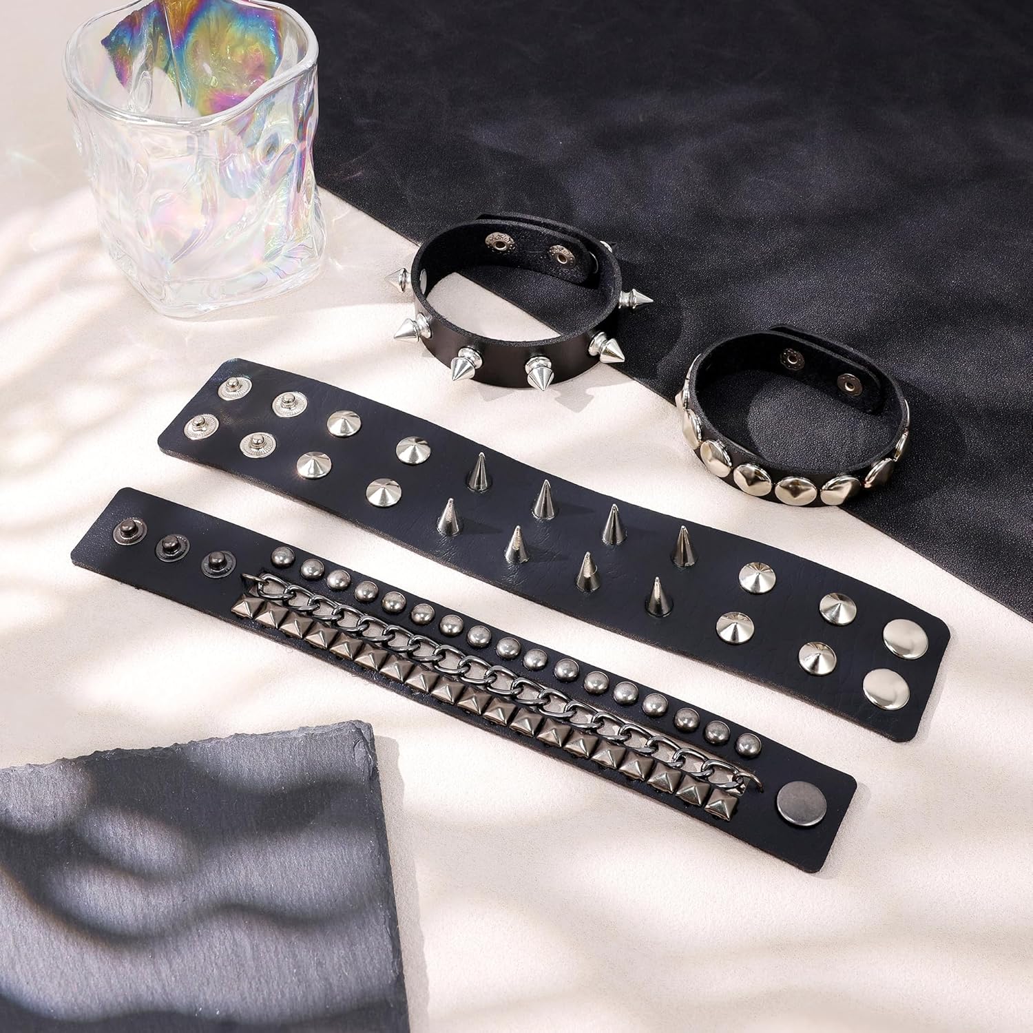 4Pcs Spiked Studded Bracelet Black Leather Punk Bracelet Cuff for Men Women Adjustable Metal Wristband Gothic Accessories - Image 2