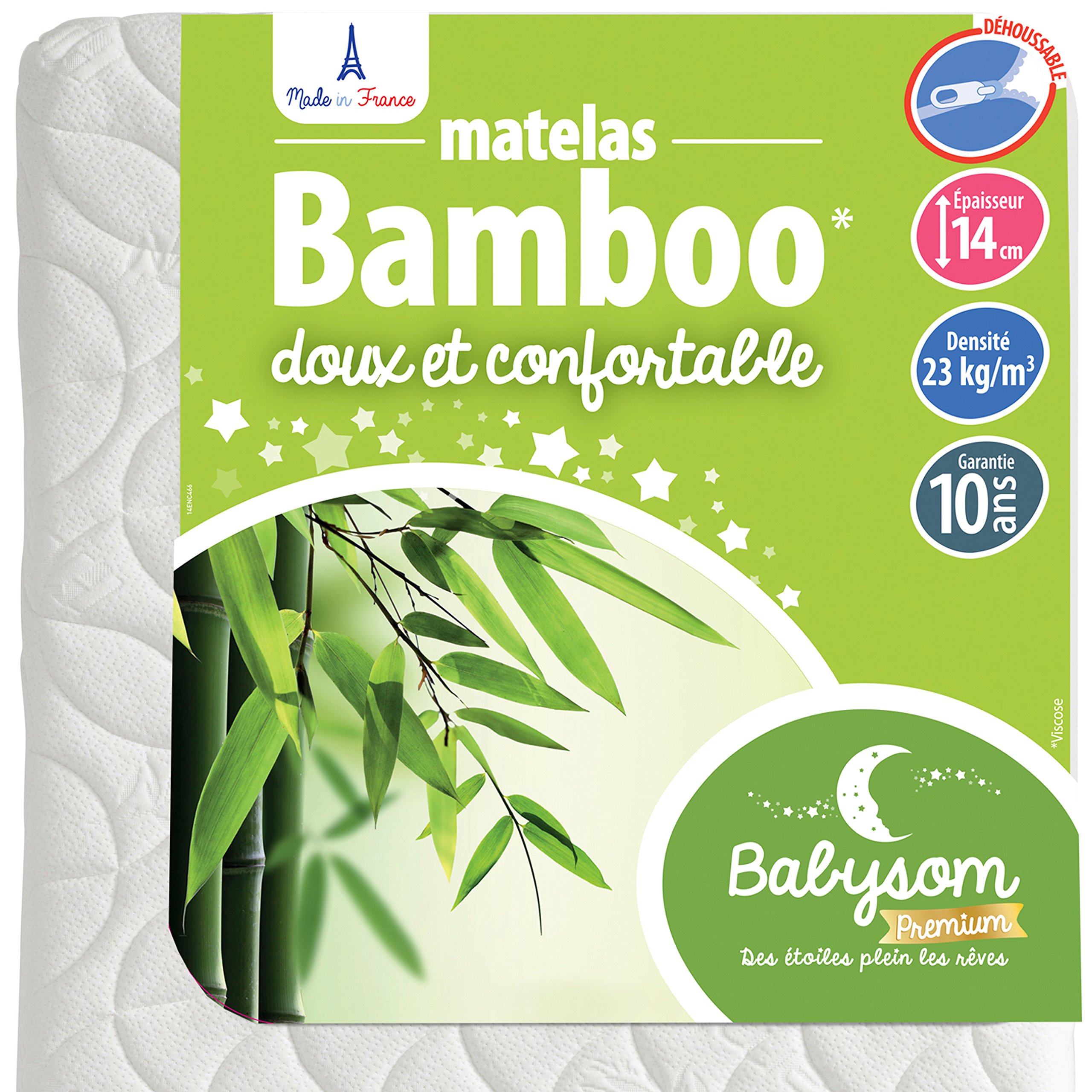 Babysom - Matelas Enfant/Bébé Bamboo - 70x140 cm | Viscose au Toucher Ultra Doux | Aéré et Absorbant | sans Traitement Chimique | Épaisseur 14 cm | Déhoussable | Oeko-Tex® | Fabrication française
