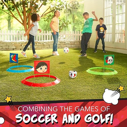 Miniatura 6 de Franklin Sports Ryan's World - Juego de golf de fútbol infantil con 1 pelota de fútbol y 3 objetivos con banderas, objetivos de 20 pulgadas