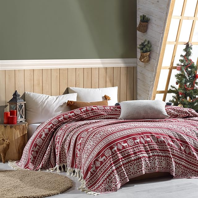 Milam London Large Nordic Bedspread / Scandi Bedding / Throw Blanket For Sofa or Bed / 100% Turkish Cotton / Home Decor / King Size 200 x 240cm Burgundy Red