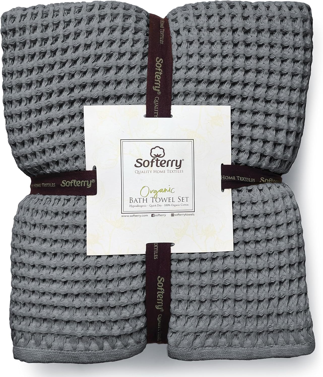 Softerry European Waffle Weave Bath Towel Set - 100% Organic Cotton - Quick Dry Lint Free Thin and Absorbent - Fade Resistant - Eco-Friendly (Set of 2 Bath, Space Gray)