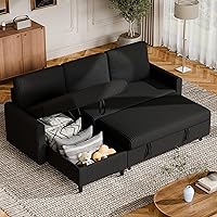 Vongrasig 77" L-Shaped Pull Out Sleeper Sofa with Storage, Reversible Convertible Couch Bed in Black Corduroy for Small Apartments