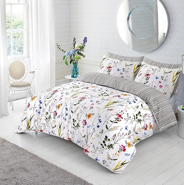 SeventhStitch Floral Printed White Duvet Cover 100% Cotton Botanical Quilt Covers Bedding Bed Set with Pillow Cases (Double),White, Grey,MH123