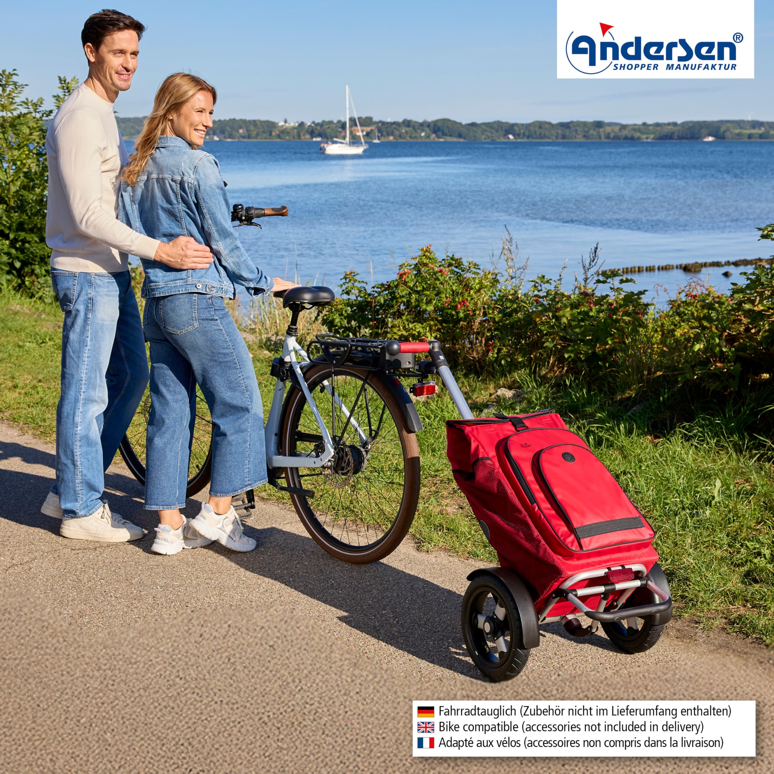 ANDERSEN Einkaufstrolley - Tura Shopper Hydro 3.0 rot | Fahrradanhänger, Luftbereifung, ergonomischer Griff, bis 50 kg - Tasche mit Rucksackfunktion, Thermofach, viel Stauraum, 62 L