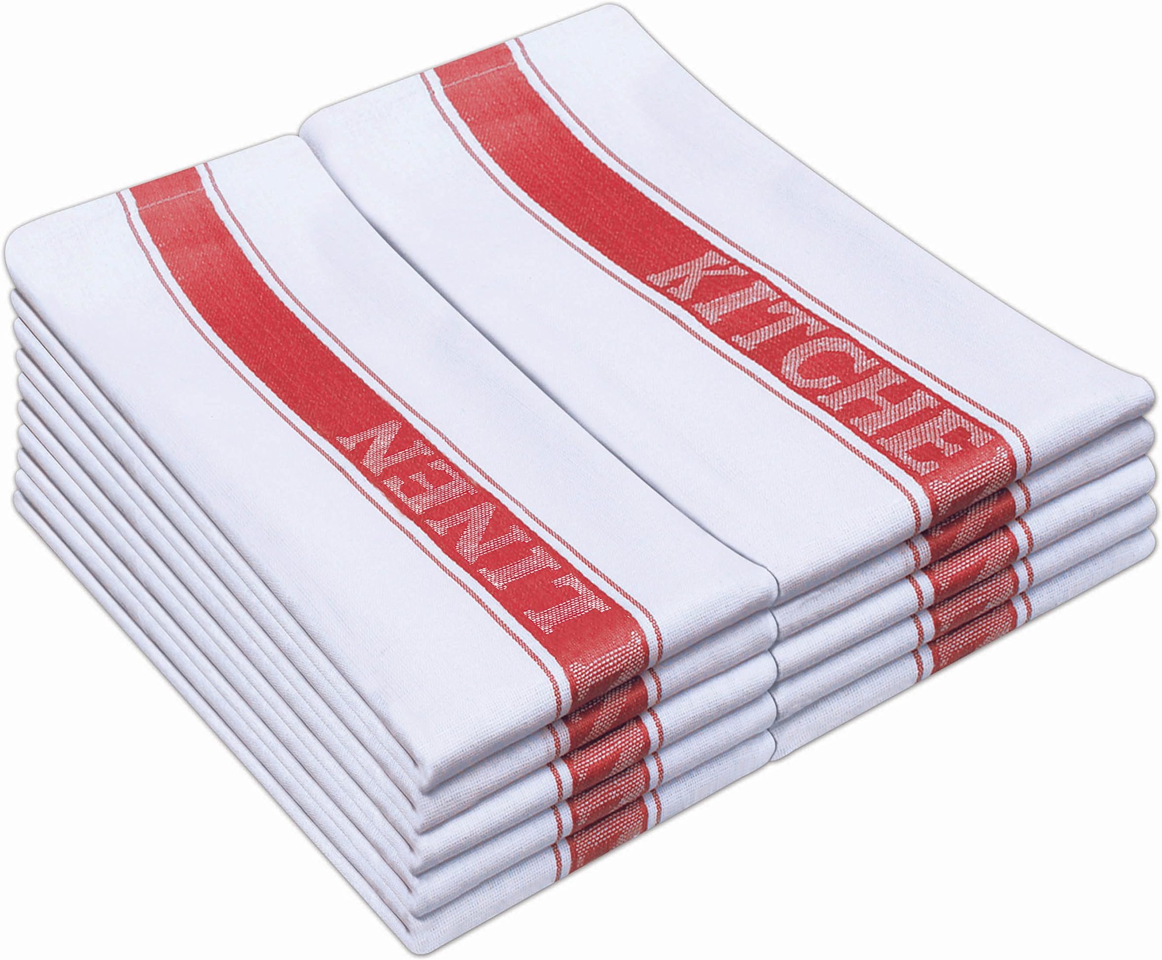 Classic Kitchen Towels, 100% Pure Cotton Dish Drying Towels, Extra Large Dish Cloths 50.80cm x 76.20cm (20" x 30") White with Blue, Green or Red Catering Kitchen Linen Stripe (6-Pack, Red)