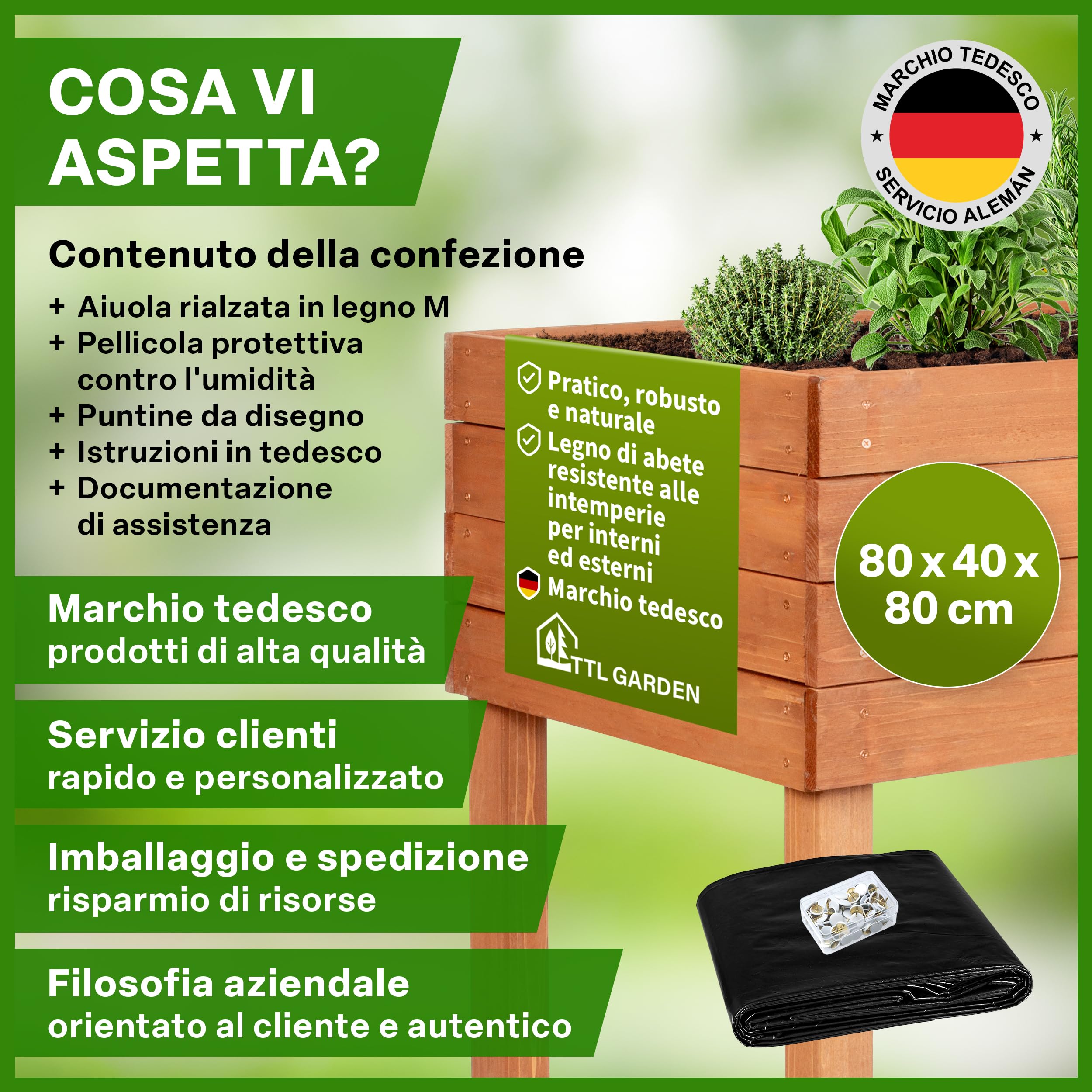 TTL GARDEN Fioriera rialzata da balcone, M, 80 x 40 x 80 cm, in legno, con ripiano e pellicola, in legno di abete resistente alle intemperie, aiuola per piante, aiuola per giardino, balcone, terrazza,