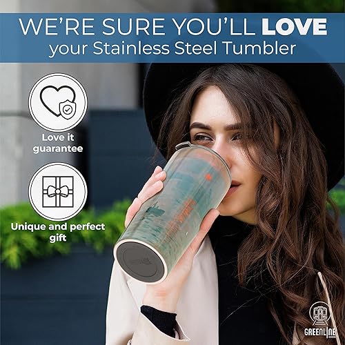 Miniatura 6 de Greenline Goods Vasos aislados de 25 onzas con tapas y pajillas, de acero inoxidable para bebidas frías y calientes, diseño elegante de vaso de café