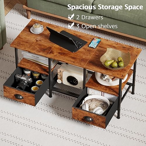 Miniatura 5 de Furologee Mesa auxiliar de 35 pulgadas con 2 cajones de almacenamiento, mesas de centro pequeñas para sala de estar, mesa central industrial con