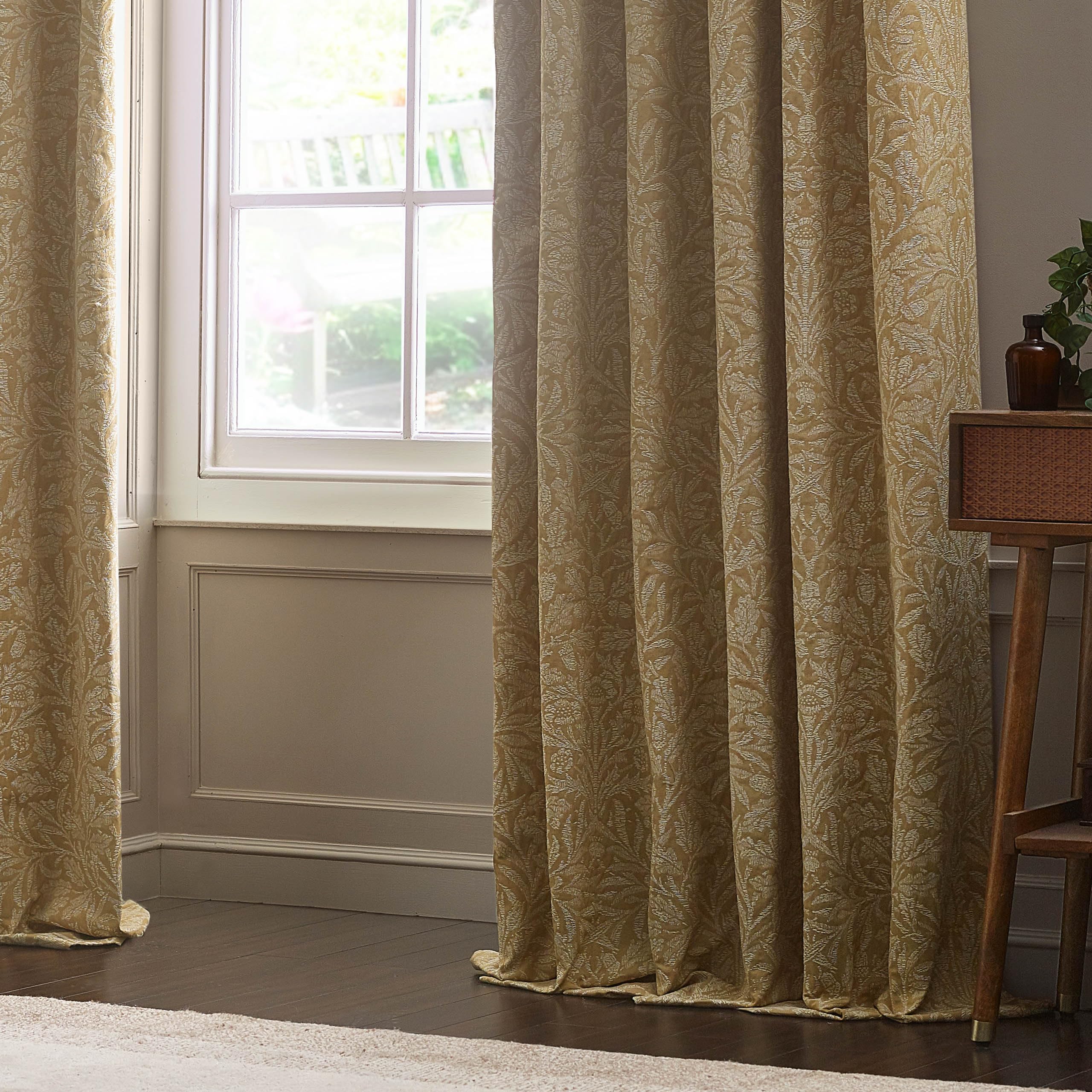 Morris&Co. Acorn Tonal Pencil Pleat Curtain Pair - Lined Matt Jacquard Drapes with Botanical Floral Design (Gold - 168x137cm) - Image 4