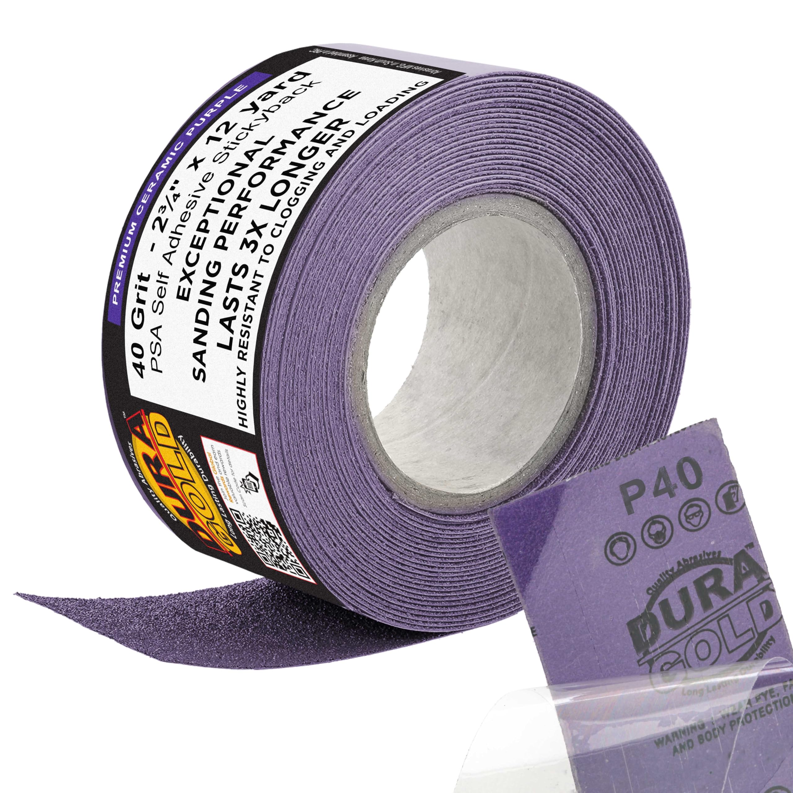 Dura-Gold Premium 40 Grit PSA Purple Film Ceramic Longboard Sandpaper, 2-3/4" Wide Continuous 12 Yard Roll - Self Adhesive Stickyback for Auto & Wood