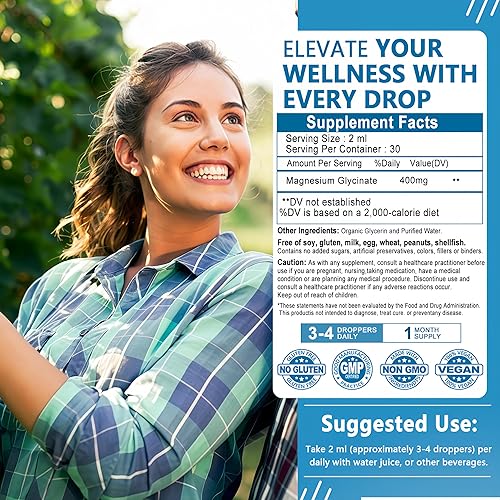 Miniatura 7 de Gotas de glicinato de magnesio puro Glicinato de magnesio líquido de alta absorción 400 mg que apoya la salud del sueño, nervios y huesos Quelato