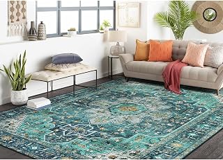 Moynesa Ultra-Thin Washable Vintage Area Rug - 6x9 Teal Large Dining Room Rug for Bedroom, Non-Shed Living Room Mat, Indoor Oriental Medallion Hardwood Floor Carpet for Office Home Decor
