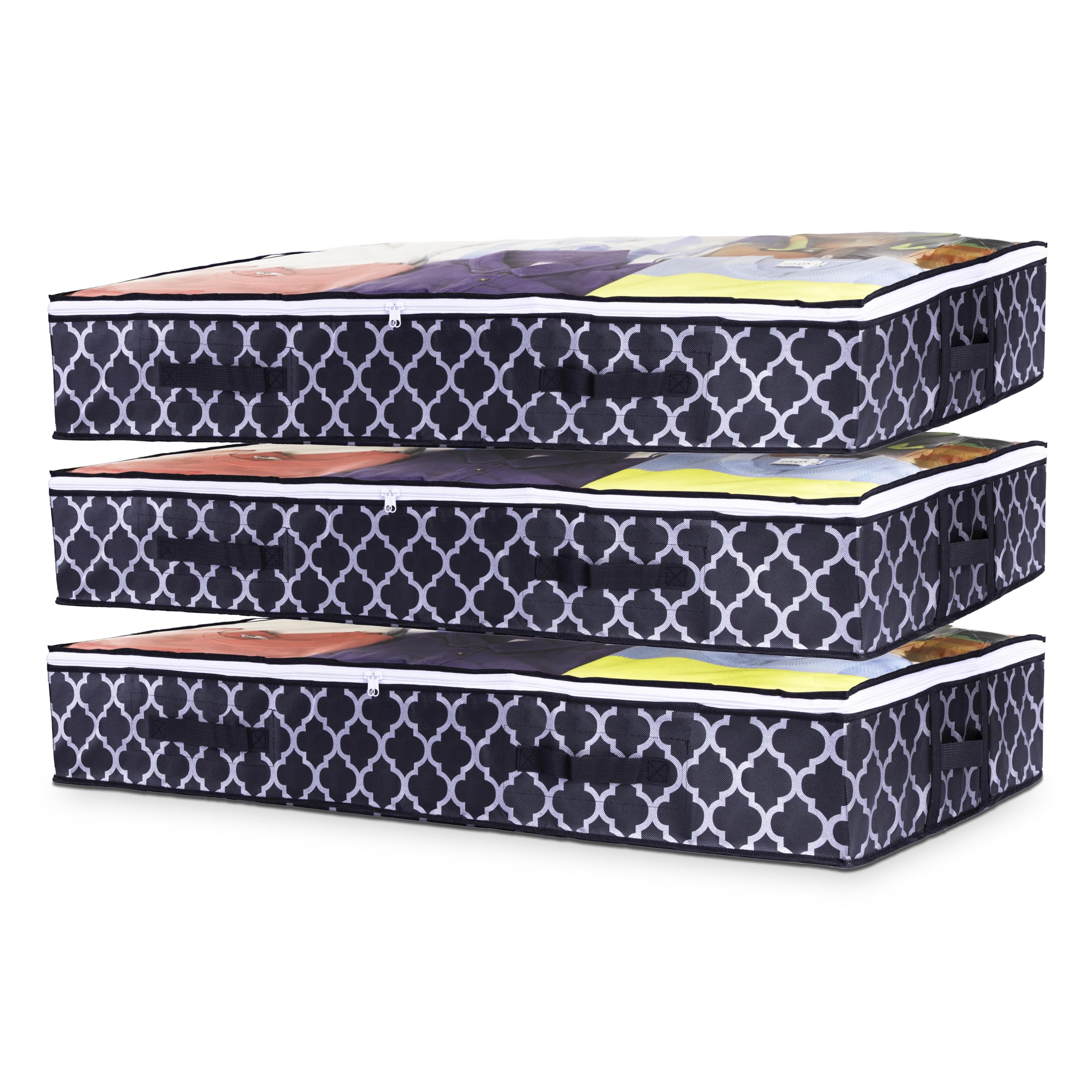 Stackzy Flat Clothes Underbed Storage Bags – Sturdy Fabric Storage Solution – Foldable Underbed Container and Closet Organiser – Storage Bin for Clothes – Striped, 3pcs 75L Capacity