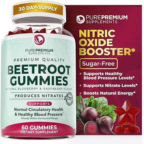 PurePremium - Gomitas de raíz de remolacha 50:1, 60 masticables sin azúcar, gomitas súper de óxido nítrico de remolacha, sabor natural de arándanos,