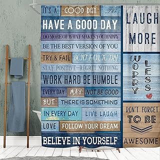 SVBright Mens Shower Curtain 60Wx72L Inch Inspirational Motivational Quotes Rustic Farmhouse Blue Wood Wooden Cabin Teak Closet Happiness 12 Pack Hooks Polyester Waterproof Fabric Bathroom Panels