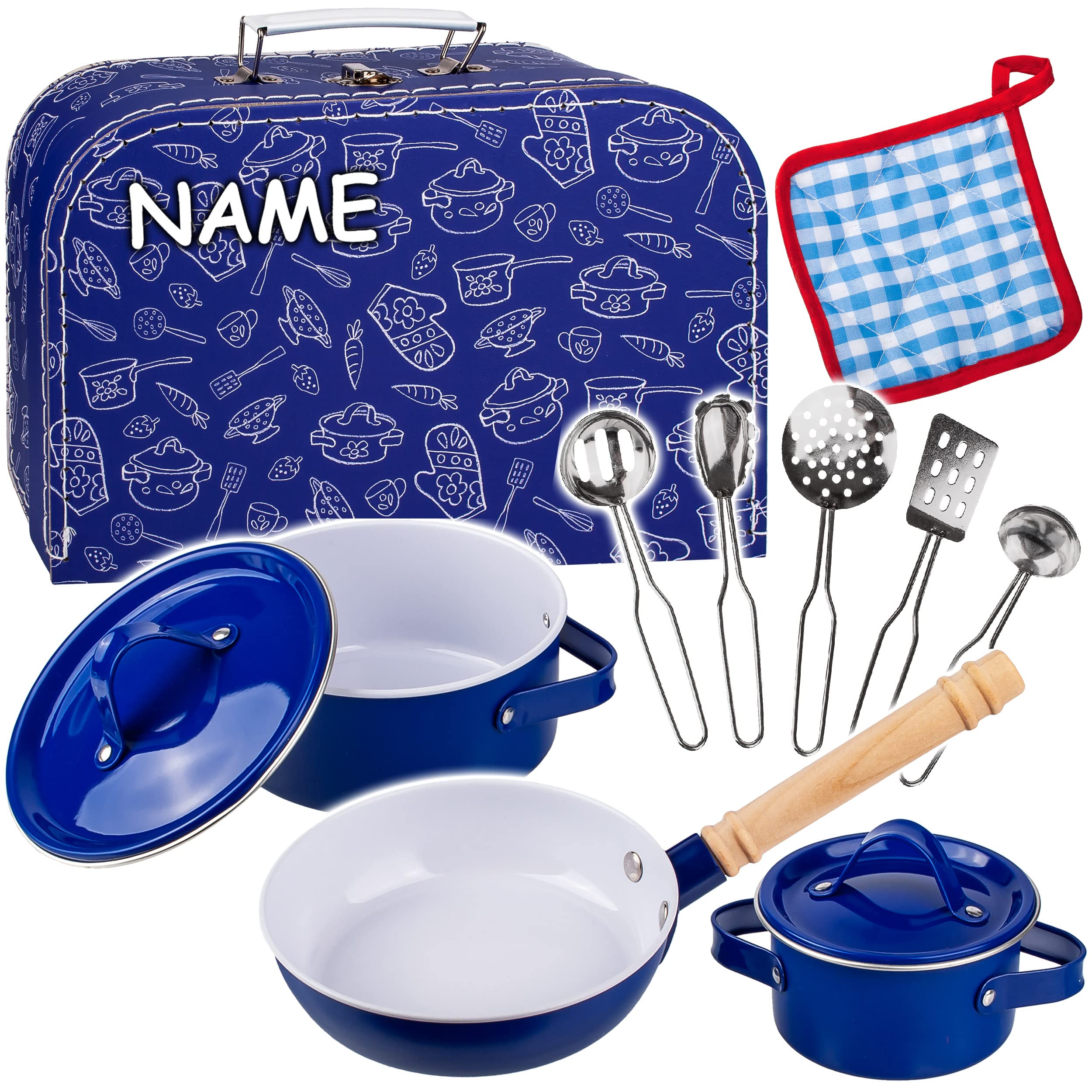 alles-meine.de GmbH 12 TLG. Set Kinder - Koffer Kochset & Topfset Puppengeschirr/Kochtopfset - Antihaft - aus Metall/echte Edelstahl Blech Töpfe/Panne + Küchenhelfer ..