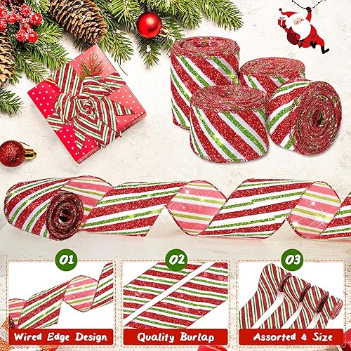 Miniatura 2 de 4 rollos de cintas con alambre de bastón de caramelo navideño de 24 yardas de 1.0 pulgadas, 1.5 pulgadas, 2.0 pulgadas, 2.5 pulgadas, cintas