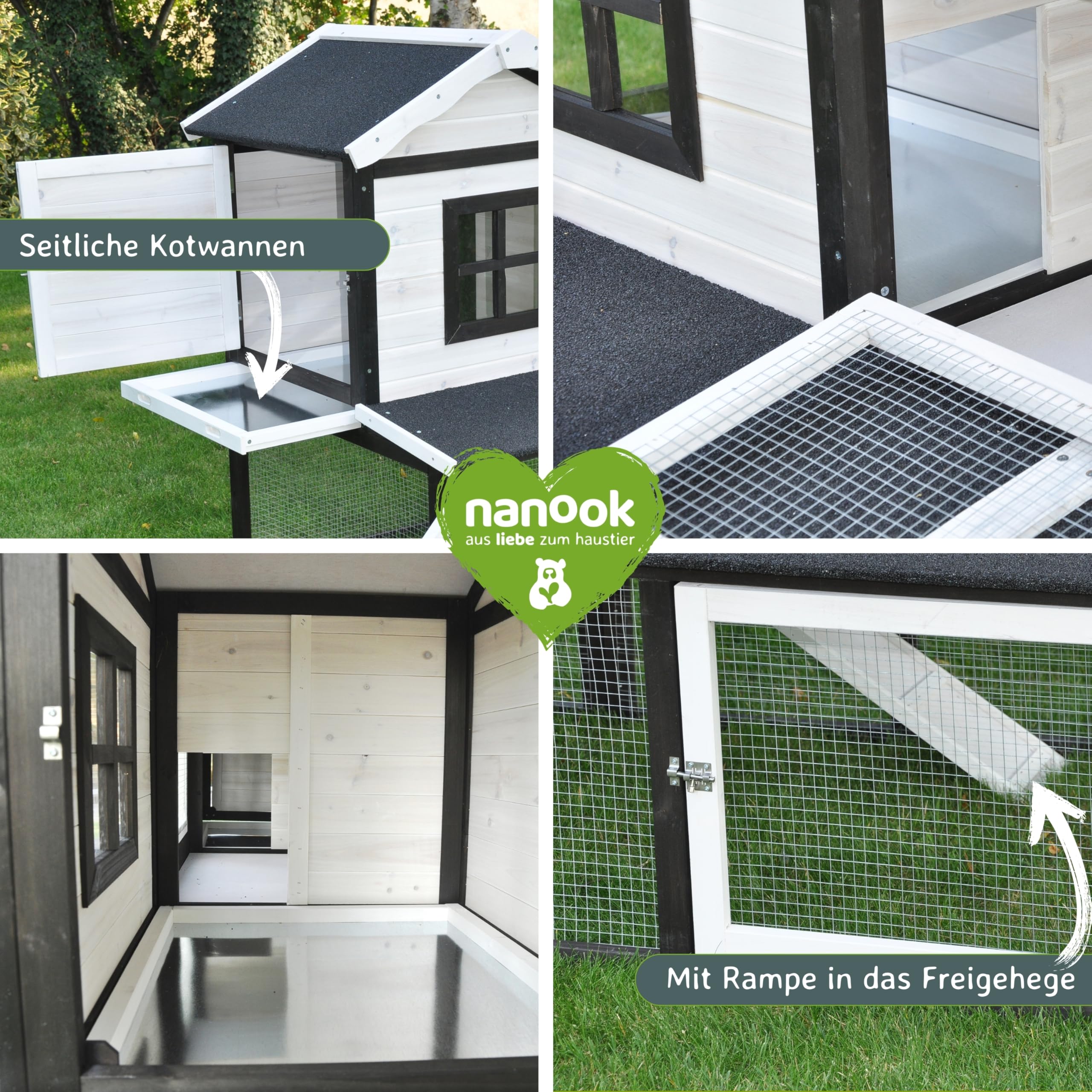 nanook Premium Hasenstall Kleintierstall Kaninchenstall XXL groß artgerecht mit Freilauf Gehege ideal für draußen 197 x 85 x 112 cm - braun weiß - 2 Ebenen