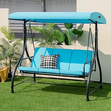 Tangkula 3 Person Porch Swing, 2-in-1 Convertible Patio Bed with Removable Cushions, Solid Steel Structure, Outdoor Swing with Adjustable Canopy for Backyard, Balcony, Poolside (Turquoise)