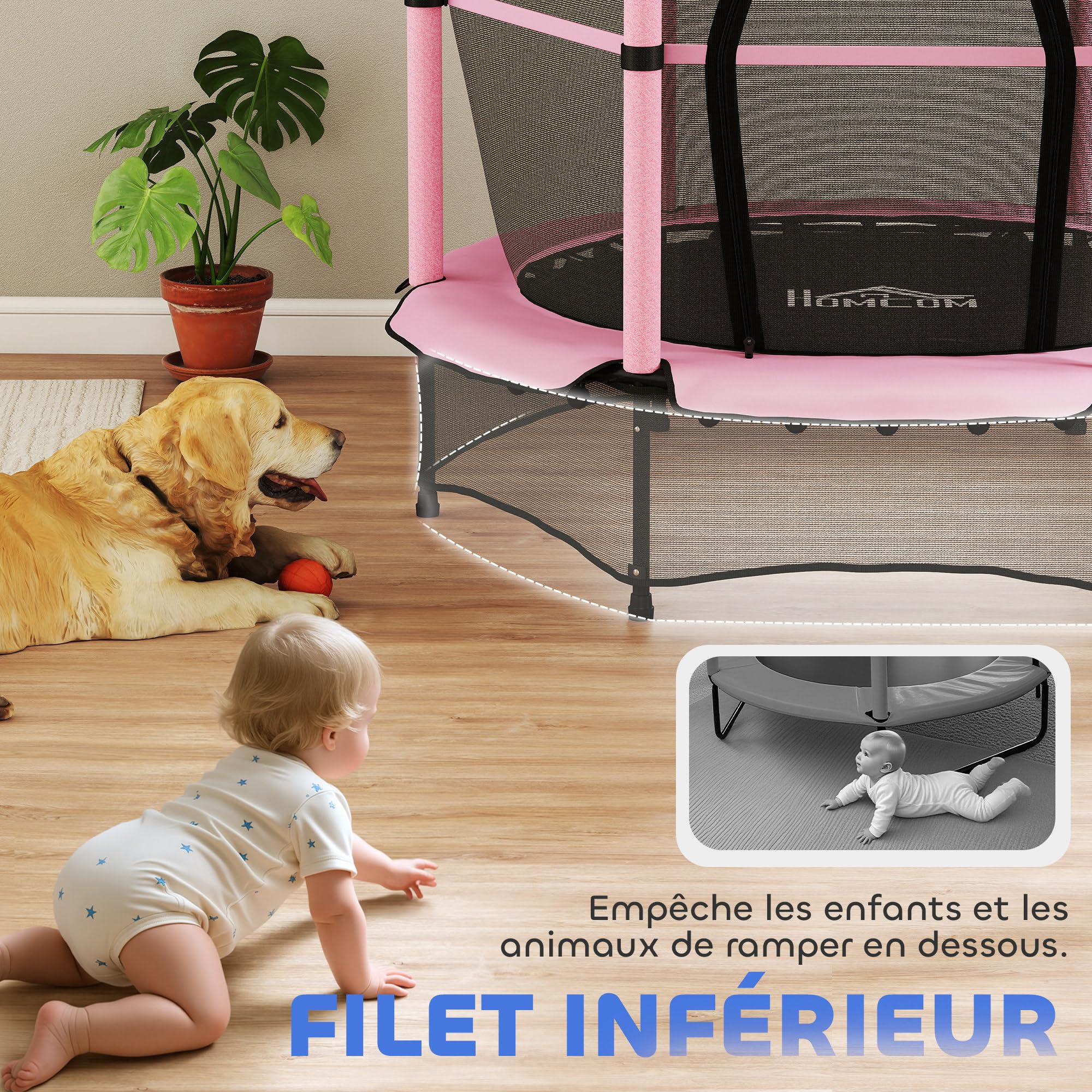 HOMCOM Trampoline Enfant Ø 1,40 m Filet de sécurité Porte zipée Couvre-Ressorts 6 poteaux rembourrés Inclus
