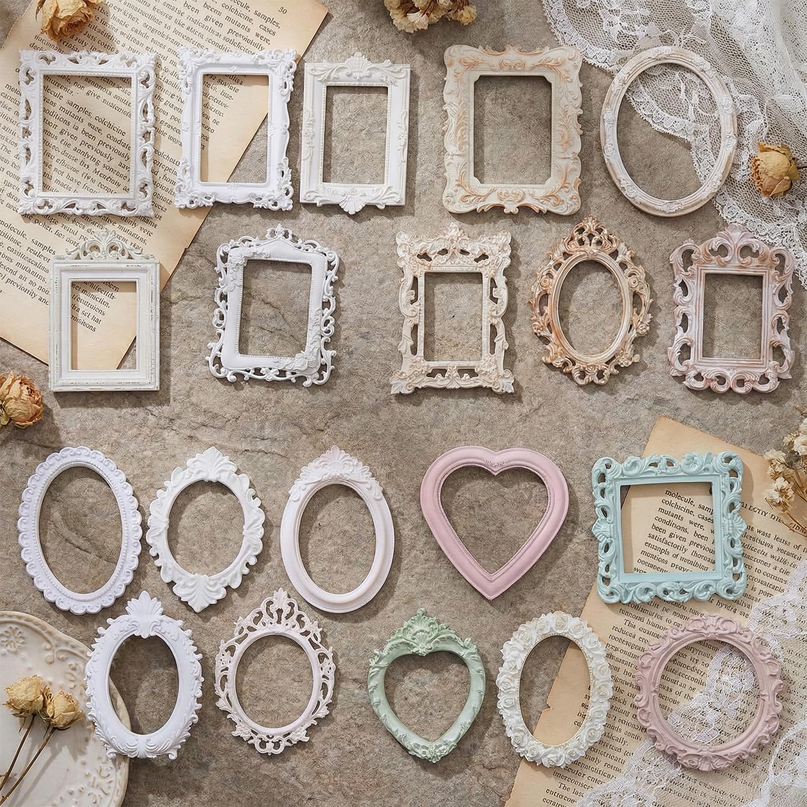 40Pcs Scrapbook Frames, Vintage Paper Embossed Paper for DIY Crafts, Vintage Scrapbook Supplies for Junk Journal Photo Card Making Decoration