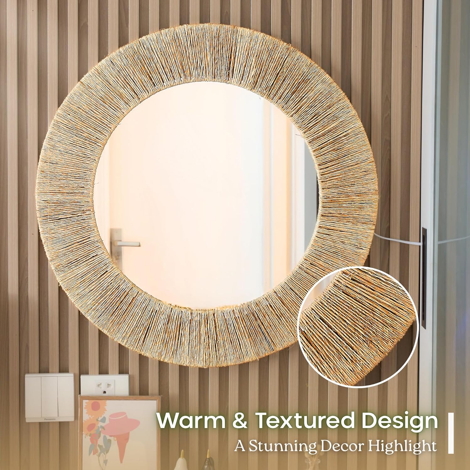 24 Inch Natural Jute Mirror, Wall Mounted Round Mirror with Metal Frame, Wall Decor Rustic Farmhouse Boho Decor Accent for Bathroom, Bedroom, Living Room, or Entryway