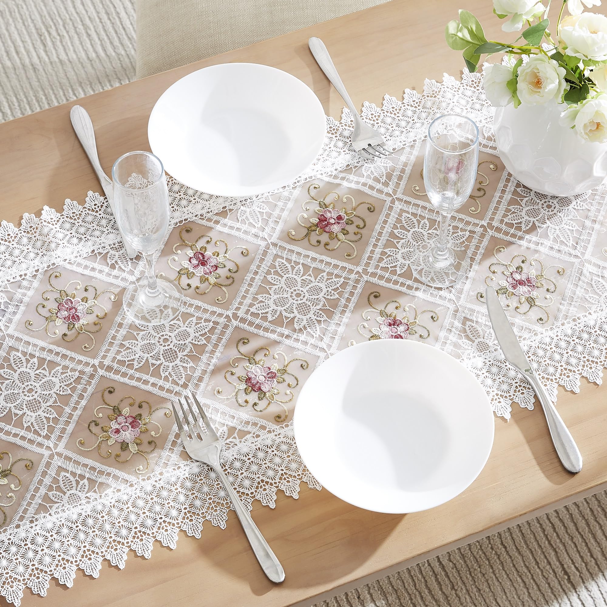 Amazon.com: Warm Home Designs White Lace Table Runner. 72 Inch Long,  Embroidered with Intricate Flower Design. Can Be Used As Dresser Scarf or  Dining Table Runner. VTR White 72 : Home & Kitchen
