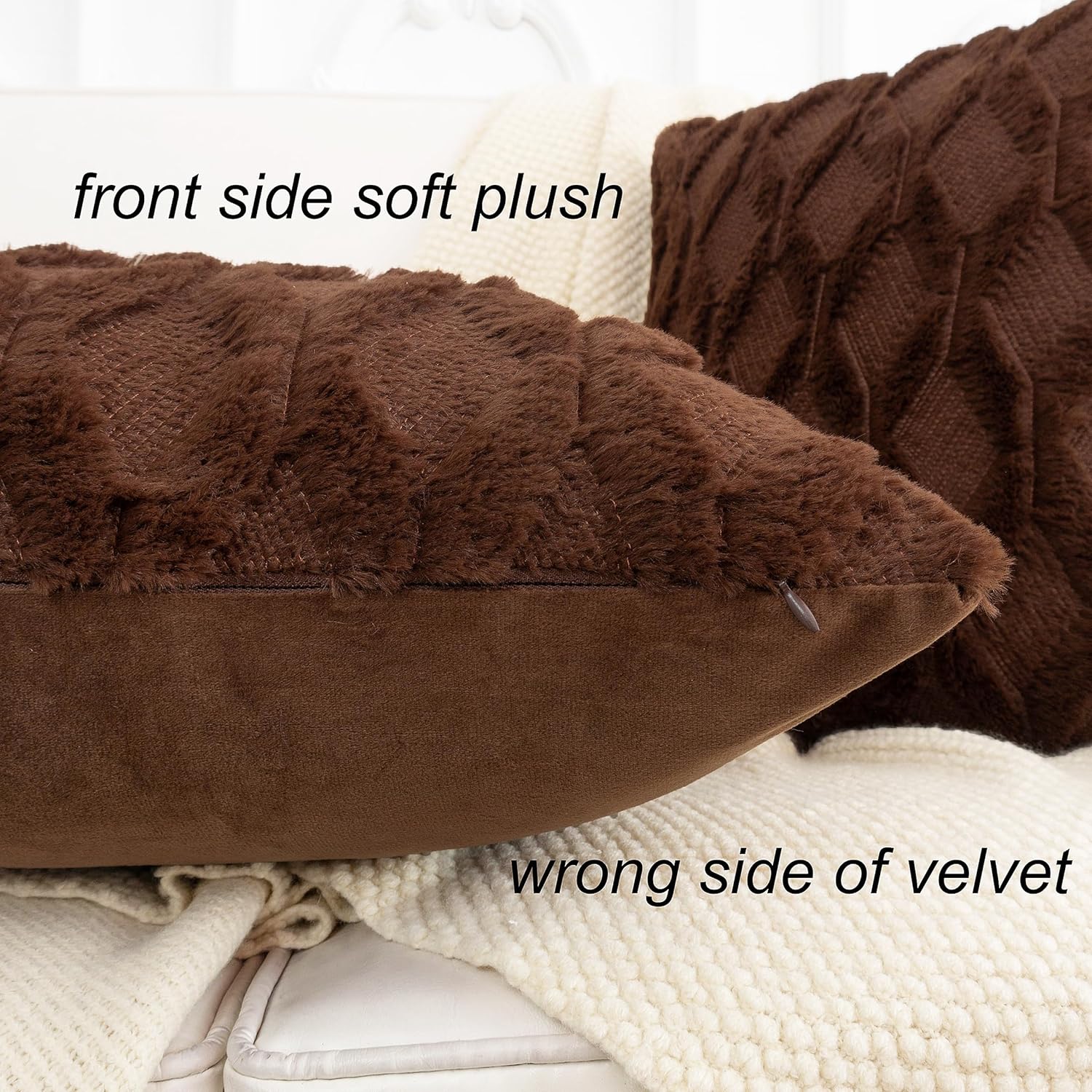 Brown Throw Pillow Covers 18x18 Set of 2 Decorative Farmhouse Couch Throw Pillows Boho Shells Cute Soft Plush Wool Winter Pillowcases for Bedroom Living Room Sofa - Image 2