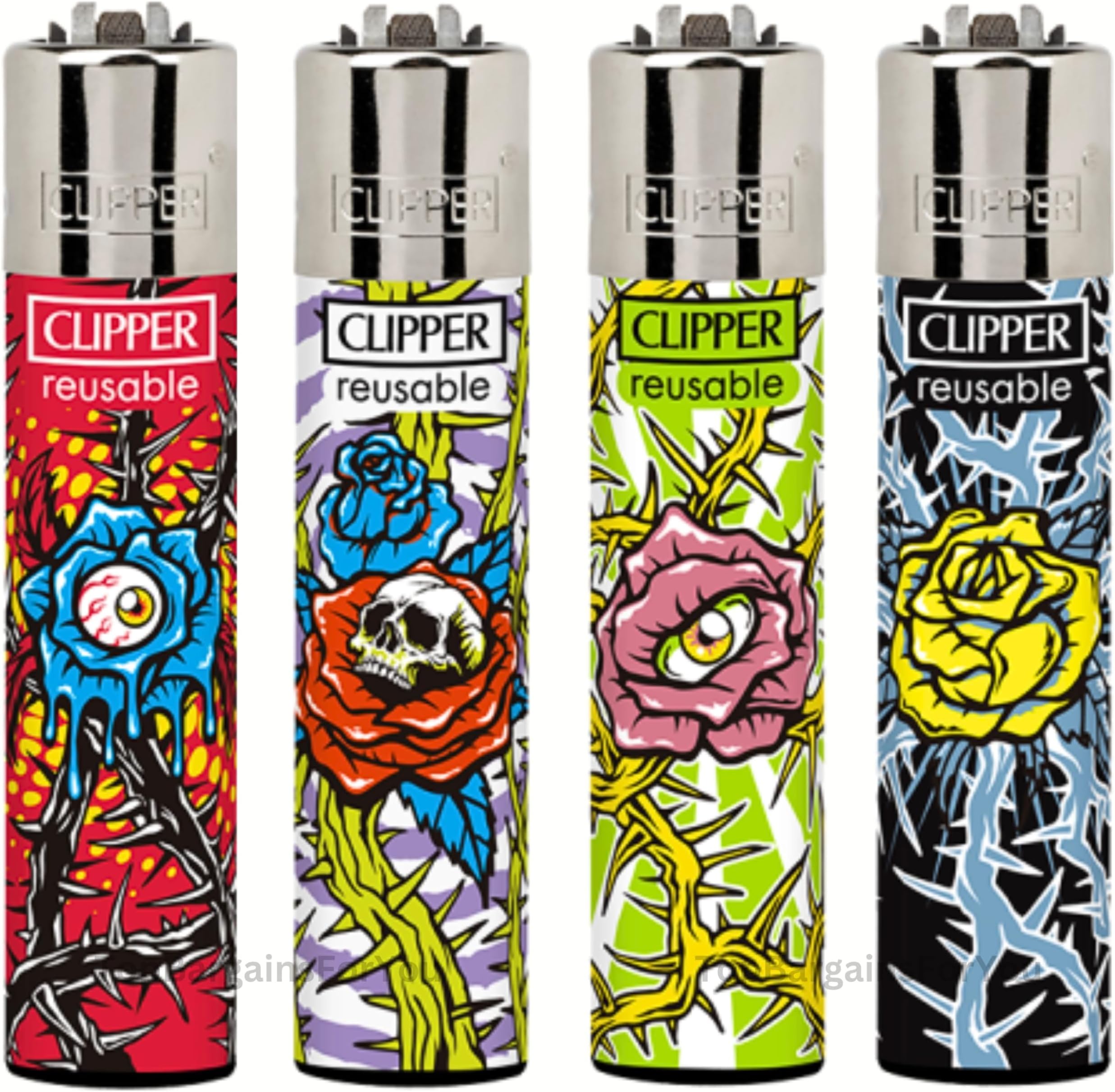 4 x Clipper Lighters THORNS & ROSES SKULL Design Set, Gas Refillable Flint Rare - Limited Edition