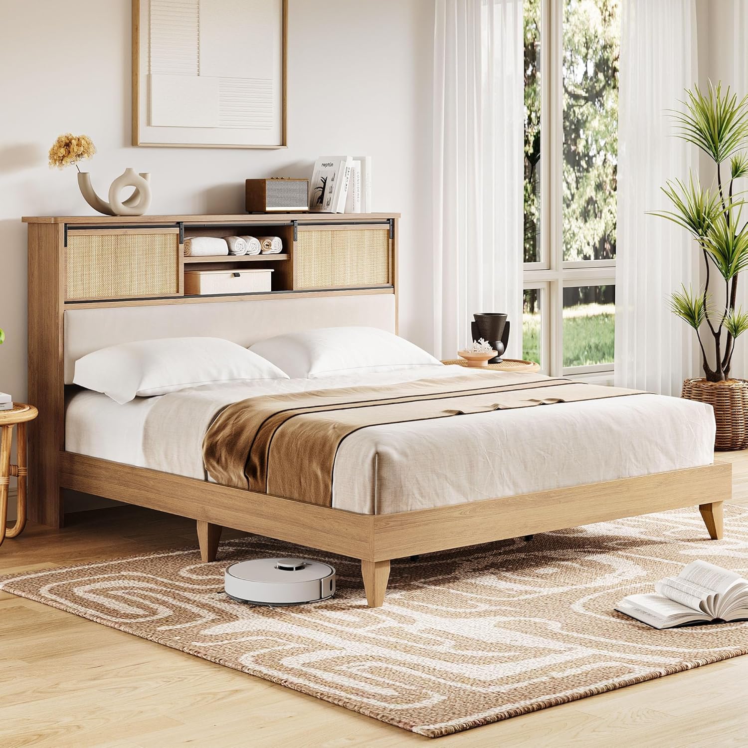 GarveeHome Solid Wood Bed Frame with Storage Shelves, Rattan Upholstered Bookcase Headboard with Sliding Doors & Adjustable Shelf, No Bos Spring Needed, Warm Natural Wood Tone, Warm Natural Wood Tone