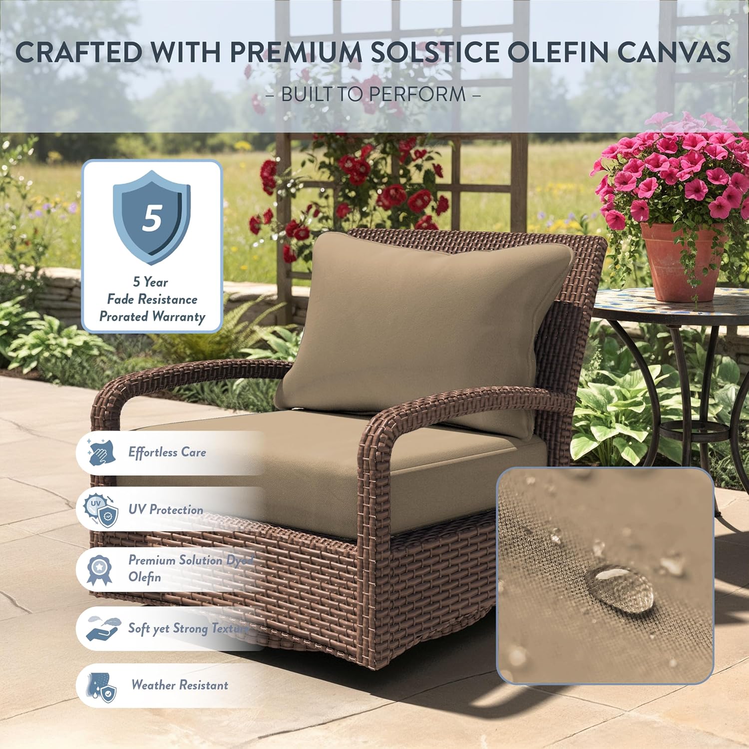 California Umbrella Outdoor Deep Seat Cushion, 24 x 48 Inch, Premium Outdoor Memory Foam, Fade Resistant Solstice Olefin Fabric, Fabric Ties, Beige