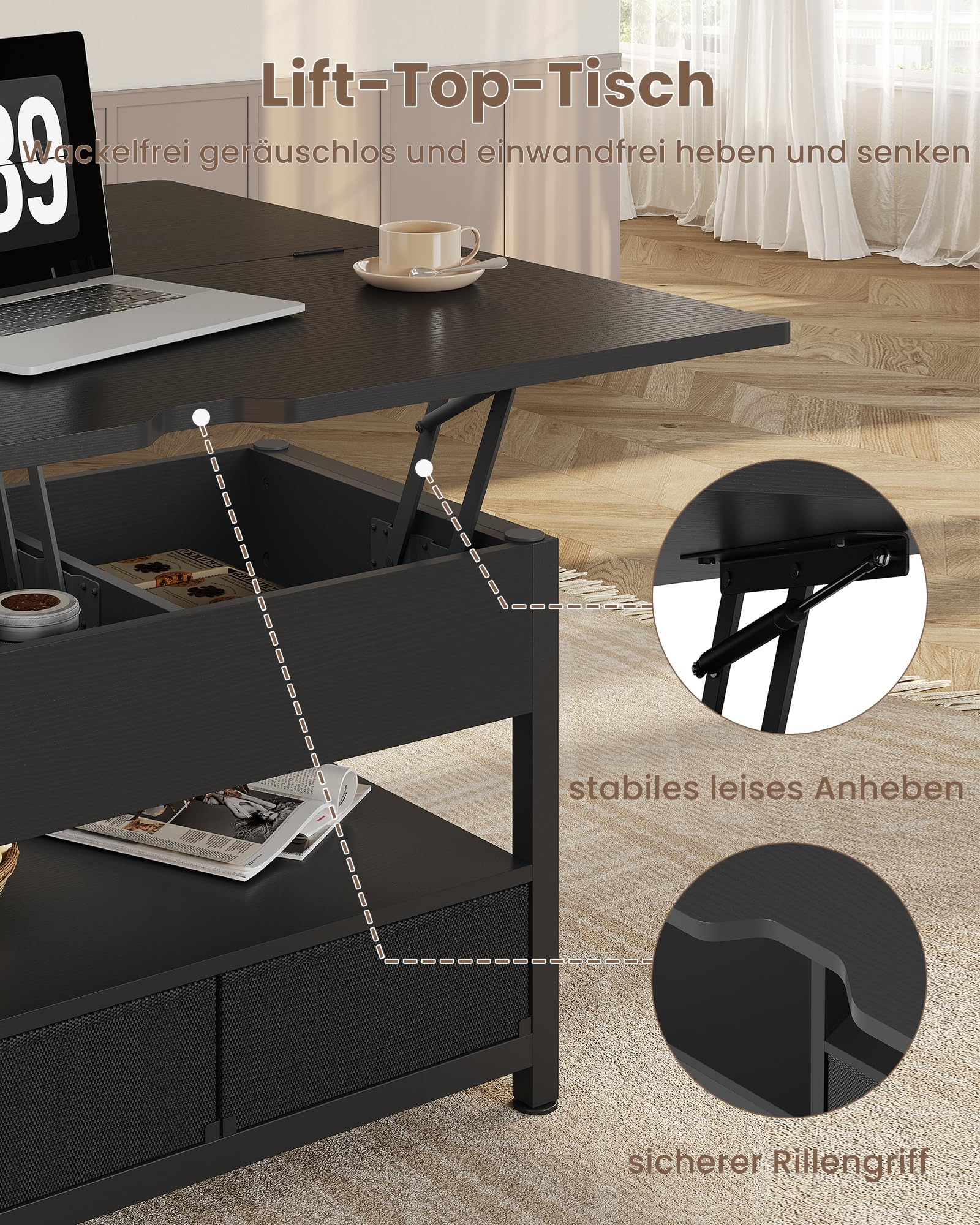 Couchtisch Höhenverstellbar, 3-in-1-Multifunktions-Wohnzimmertisch, Couchtisch mit 2 Schubladen, Kaffeetisch, Versteckte Aufbewahrung, Offenes Fach, Als Esstisch nutzbar, für Wohnzimmer, Büro, Schwarz
