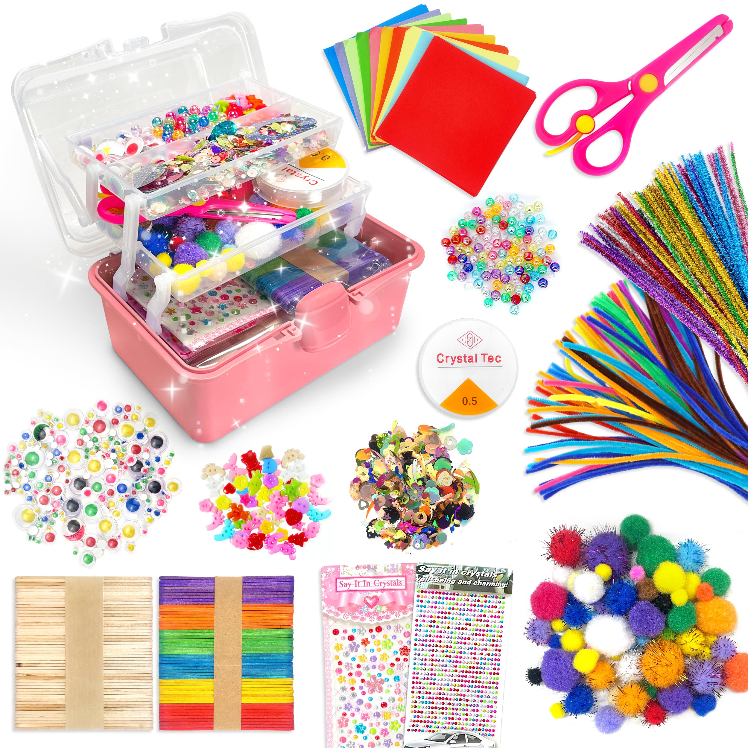 obqo 2500+ Pcs Art and Craft Box for Kids, Kids Craft Supplies Included Pipe Cleaners, Pom Poms, Eyes, Folding Storage Box - All in One for Toddler Kids Craft Set, Pink (Rose Pink)
