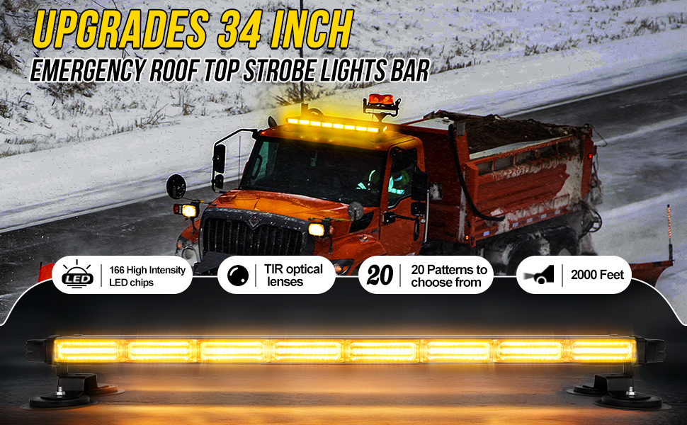 LRTER 34inch 166 LED Emergency Rooftop Strobe Lights Bar Flashing Safety Traffic Advisor Warning Hazard Snow Plow Light W Magnet Base Work Trucks Veh