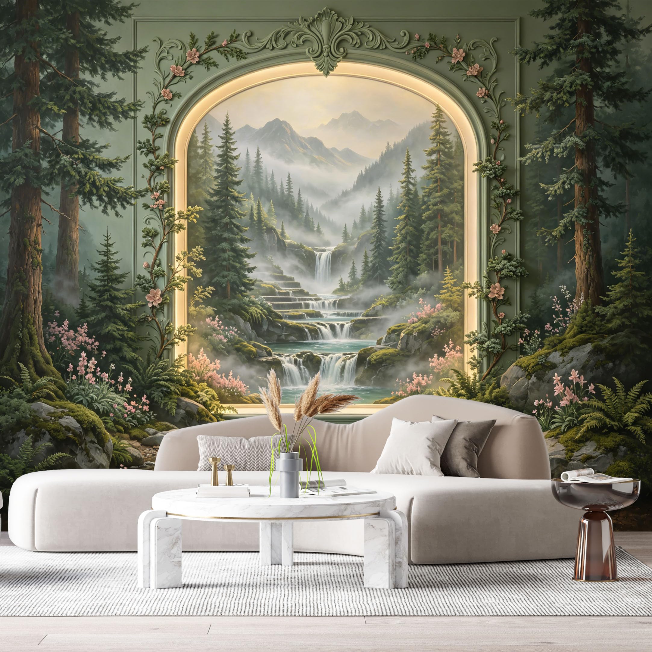 Custom Size Wall Murals Mountain Waterfall Forest Landscape 3D Trompe L'Oeil SelfAdhesiveWall Fabric Removable Wallpaper Wall Decor for Living Room Bedroom Bathroom