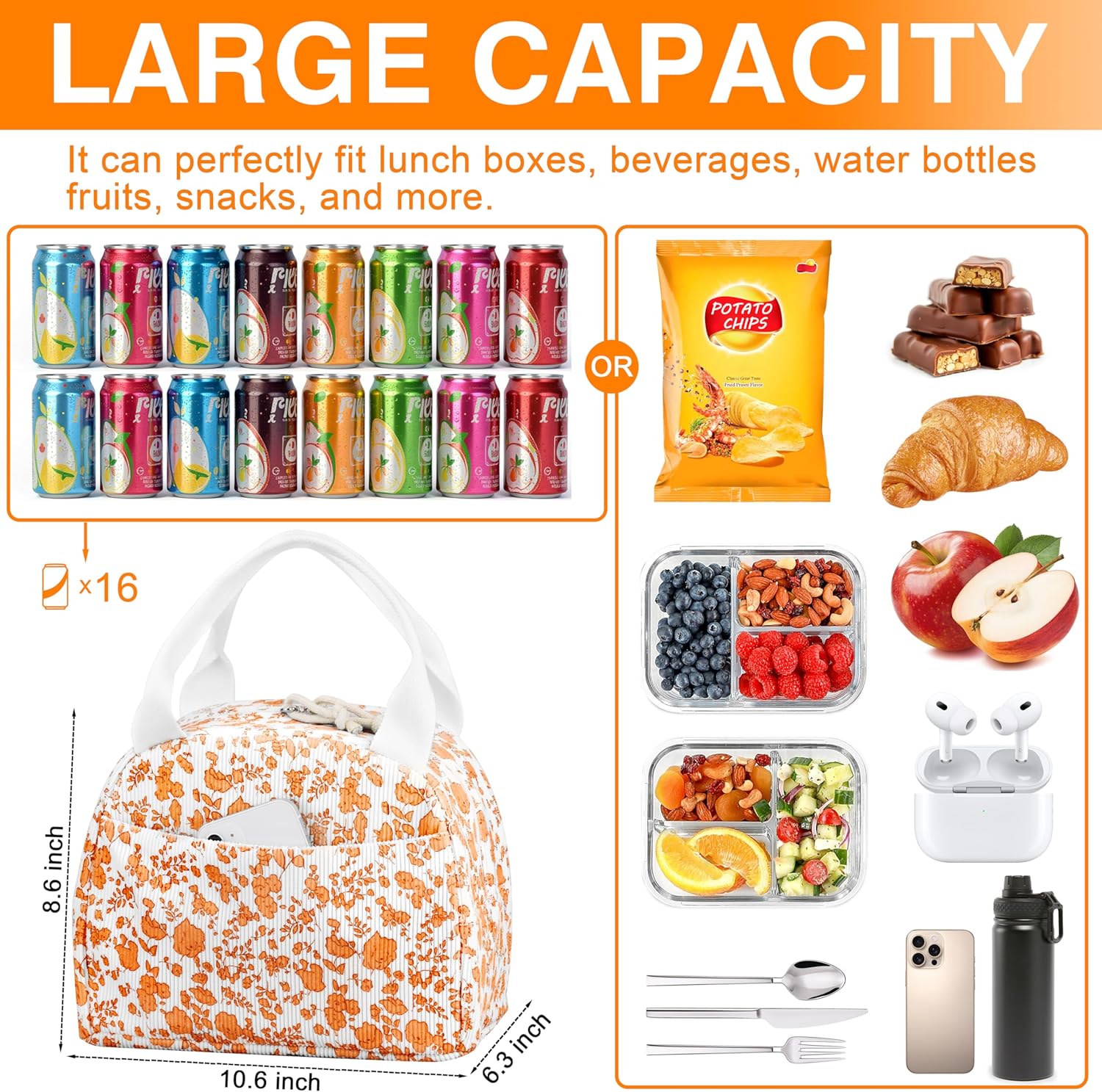 Lunch Bag - Insulated Lunch Box for Women, Reusable Large Capacity Cooler Bag for Adult, Small Leakproof Cute Corduroy Lunch Tote for Work Office Travel Picnic (Corduroy Orange-Flower) - Image 2