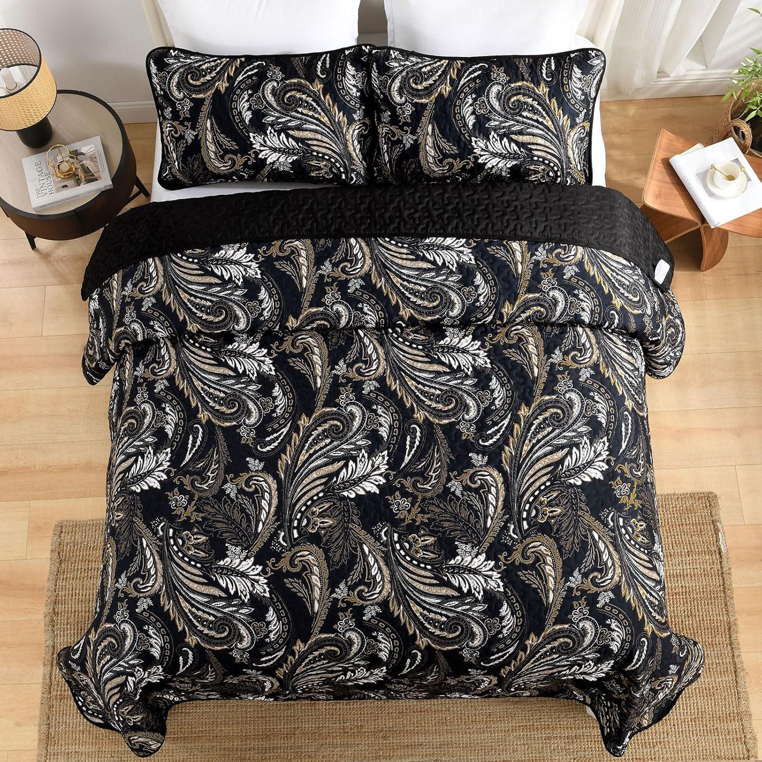 WONGS BEDDING Boho Quilt Set King,Black Paisley Floral Pattern Bedspread Coverlet Set with 2 Pillowcases,3 Piece Lightweight Microfiber Bohemian Quilt Bedding Set 104"×90" - Image 3