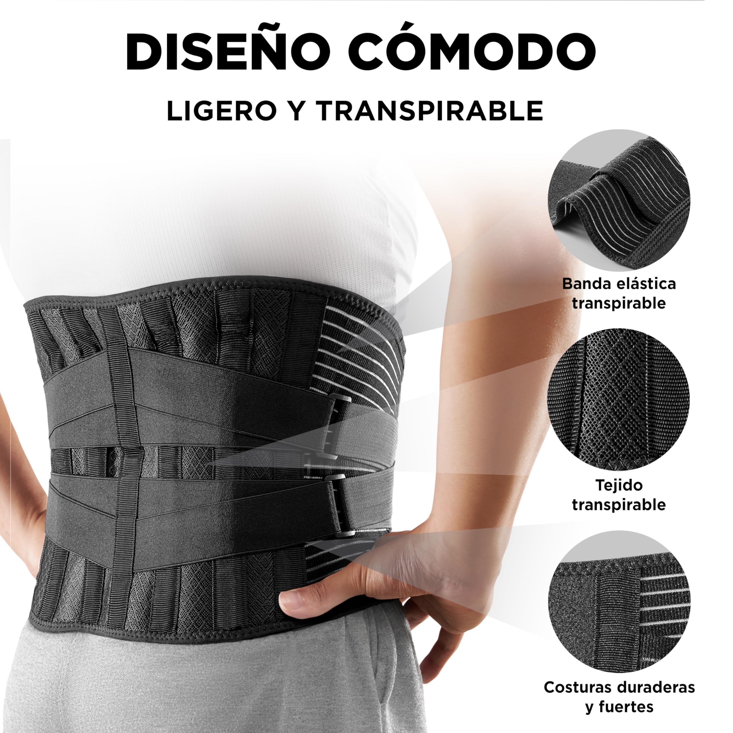 Faja Lumbar para Hombre y Mujer - Faja Lumbar Trabajo Transpirable - Estabiliza y ofrece Apoyo con 6 varillas de soporte - Cinturón Lumbar con Doble Ajuste - Gratis Bolsa de Transporte