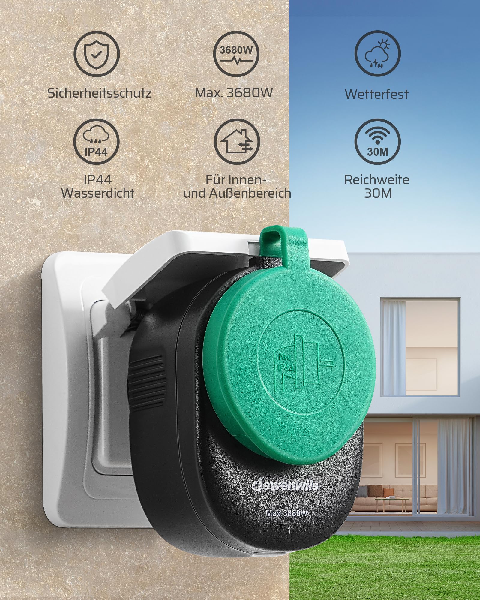 DEWENWILS Prese radio con telecomando esterno, 16 A, 3680 W, IP44, 2 prese, decorazione festiva, portata 30 m, programmabile, impermeabile