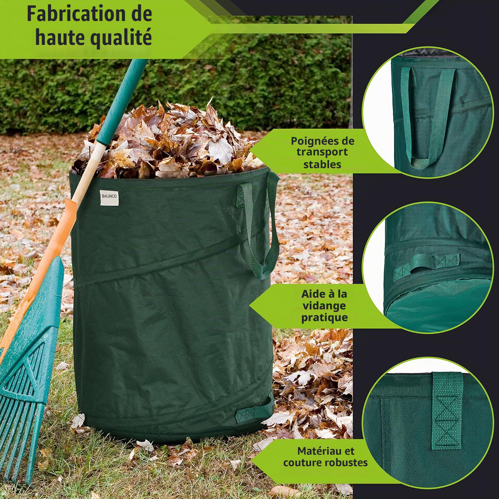 3x 170 litres Pop-Up Sac à déchets de jardin vert autoportant & stable | Sac à feuilles | Sac de jardin | Sacs de jardin | Sacs pour déchets verts pliables, grand en polyester extrêmement résistant 22