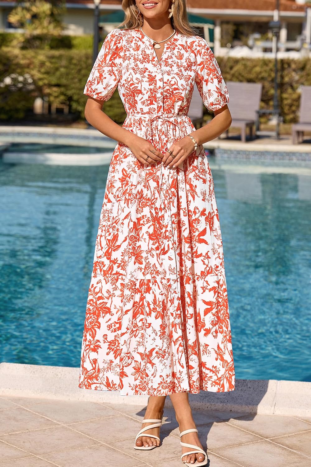 Okiwam Summer Dresses for Women 2026 Casual V Neck Short Sleeve Boho Floral Midi Dress Button Down Beach Vacation Sundress image 5